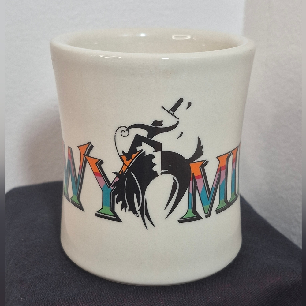Wyoming Coffee Mug Bucking Bronco Colorful Lettering Heavy Diner-Style 9 oz